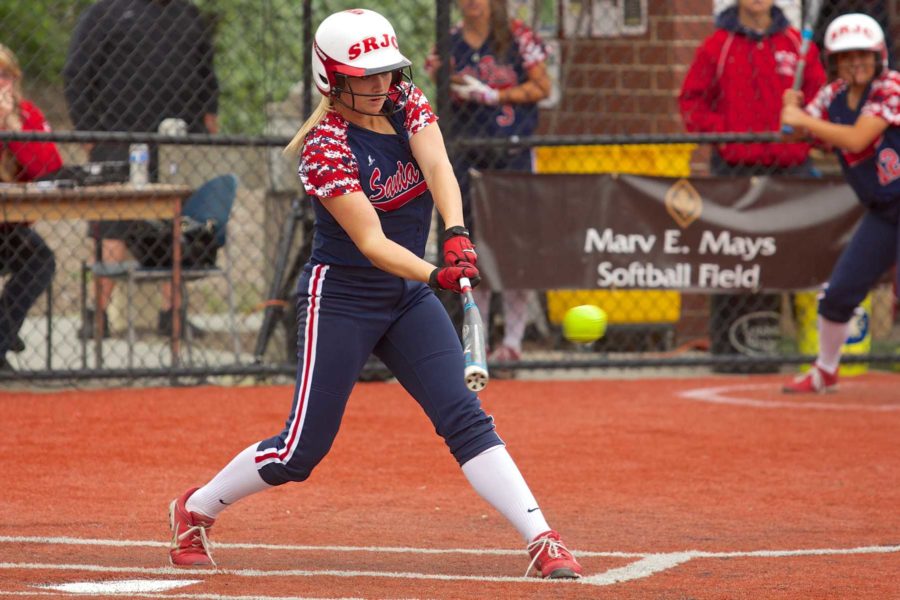 Dana Thomsen smacks the cover off the ball for a hit against Sierra College April 24 at Marv Mays Field.