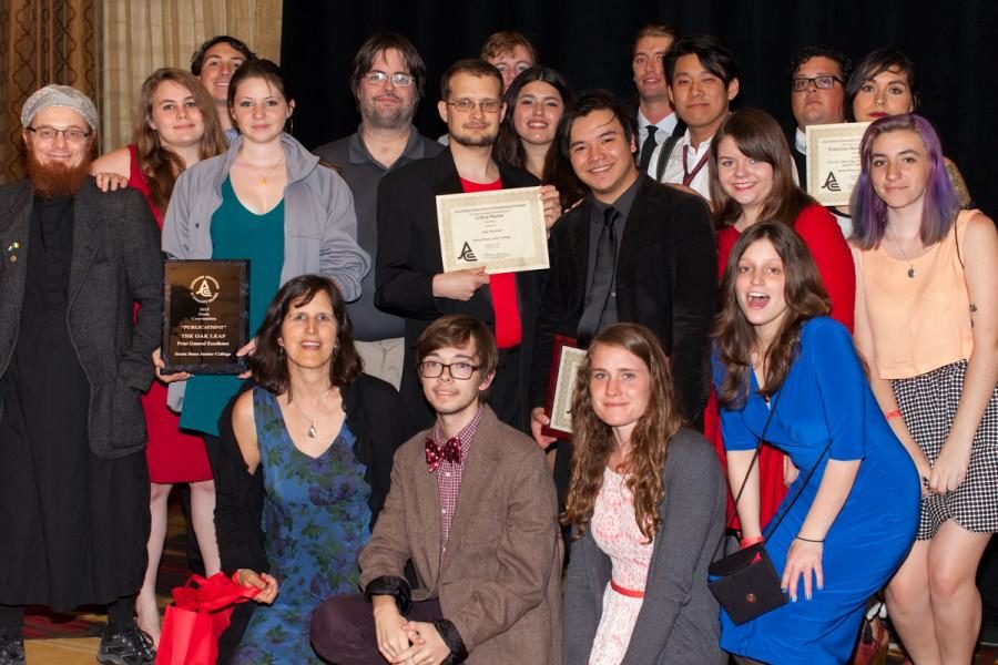 The SRJC Oak Leaf newspaper staff presenting their awards at the JACC annual conference in Sacramento after the awards banquet dinner April 12.