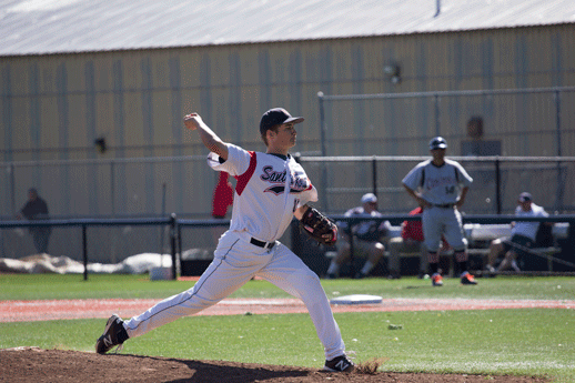 Alec Rennard pitches against the Hawks of Consumne River College March 31.
