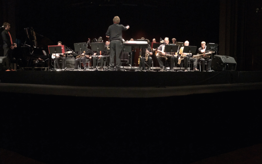 The Night Band setting up onstage in Burbank Auditorium at Santa Rosa Junior College on Jazz Night March 27