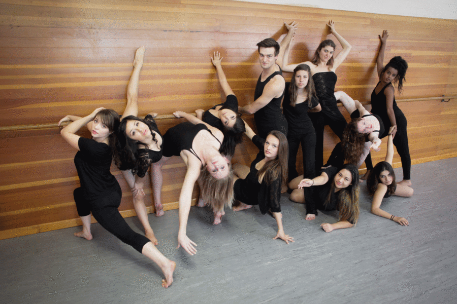 Student choreographers, left to right: Lanea Florence, Sandra Ruano Larios, Laura Becker, Joanna Pablo, Emily Tuck (leaning), Scott McMahan, Cassie Tsolis, Jazmin Chanure (floor), Oshanna Kealoha, Rachel Seche, Cristal Chavez (floor) and Danaite Gebremeskel.