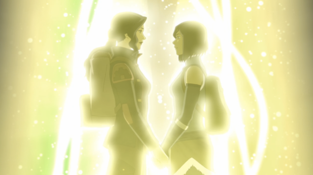 Korra (left) gets together with Asami (right) in the last moments of The Legend of Korra, a first in animated programing for kids.