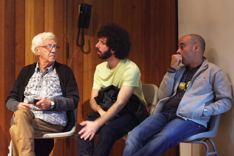 From left to right: Mario Rivas, Daniel Rivas and Manuel Gurrra present their cartoons and discuss the social and political implications of their art on the Cuban culture during a presentation Sept. 14 at noon.