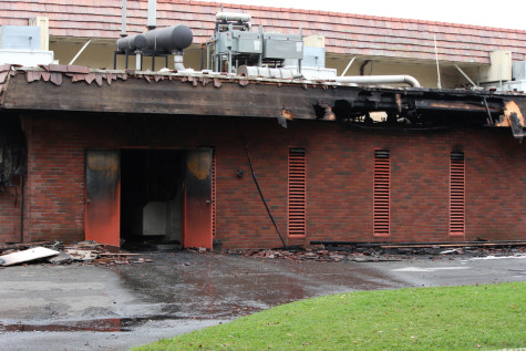 A building that housed electrical equipment remains in ruins after a fire gutted the interior.