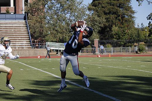 SRJC wide receiver Kerr Johnson catches a pass during a game against Delta College Mustangs on Sept. 5. 