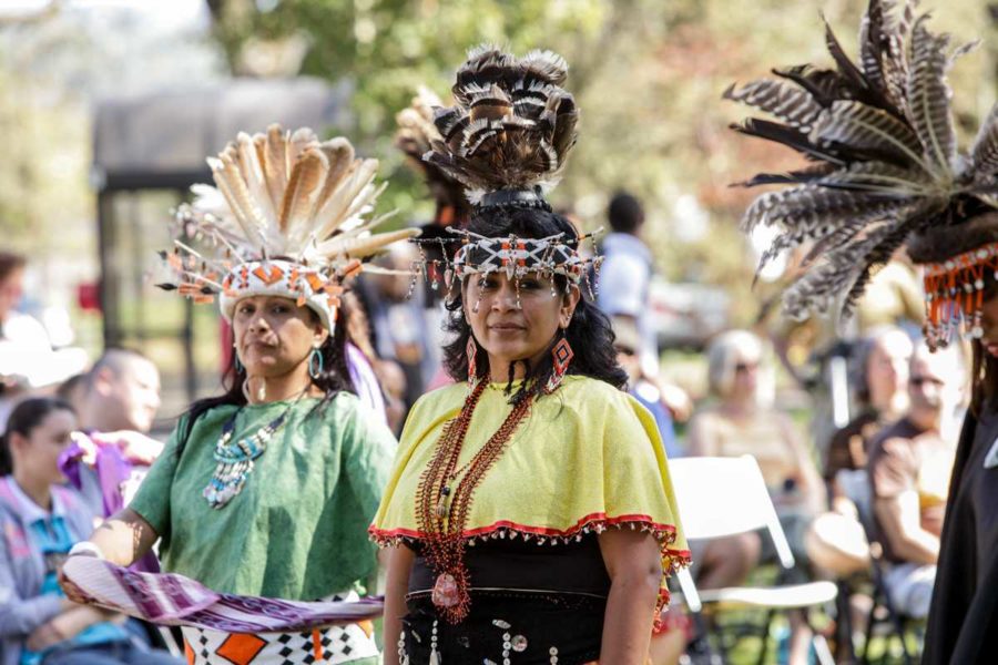 Members of Indigenous Nations and the public gather on the graduation lawn of the Santa Rosa campus of the Santa Rosa Junior College to observe Indigenous Persons Day on Oct. 12