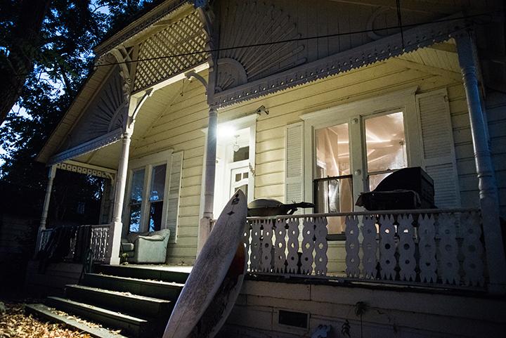 The porch light shines bright at night on the front steps of an old Victorian house located  on 4th street , Santa Rosa, where two SRJC students experienced ghostly encounters.  