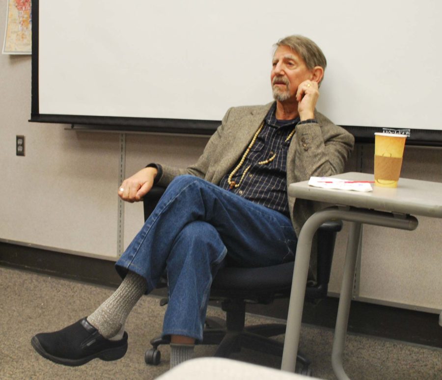 Peter Coyote speaks to students.