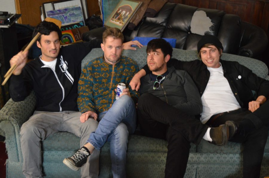 (Left to right) Dylin Stice, Scott Manwell, Mikey Bollonio and Derek Nielsen relax backstage at the Arlene Francis Center and drink beer before their band’s set.