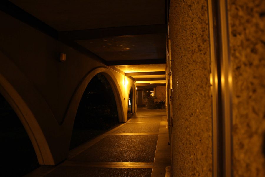 A burnt out light in Baker Hall is one of several on campus that needs maintenance attention. 