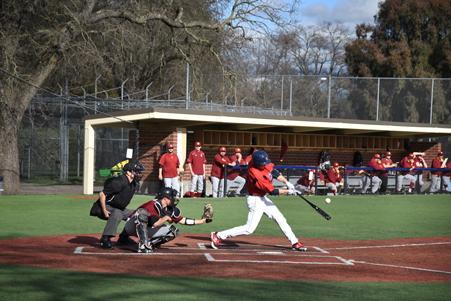  SRJC ‘s Matt Bone connects for an RBI single in a  4-0 win over De Anza College.