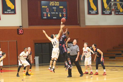 Santa Rosa Junior College sophormore center Arnold Silva wins the tipoff against American River College Jan. 29 en route to a 93-71 Bears Cubs victory at SRJC’s Haehl Pavillion. 