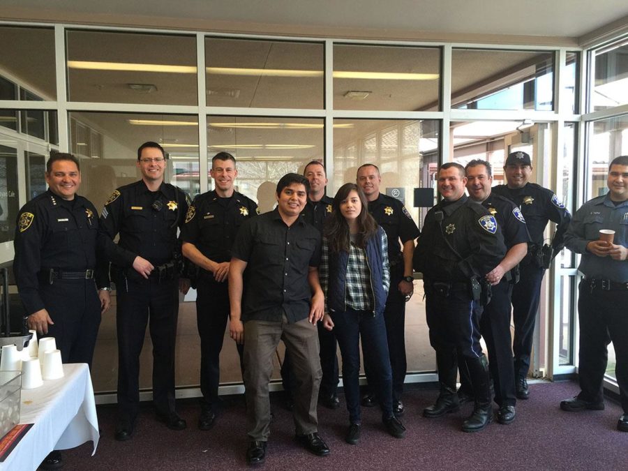 Students buzz about and connect during “Coffee with a Cop” on the Petaluma campus.