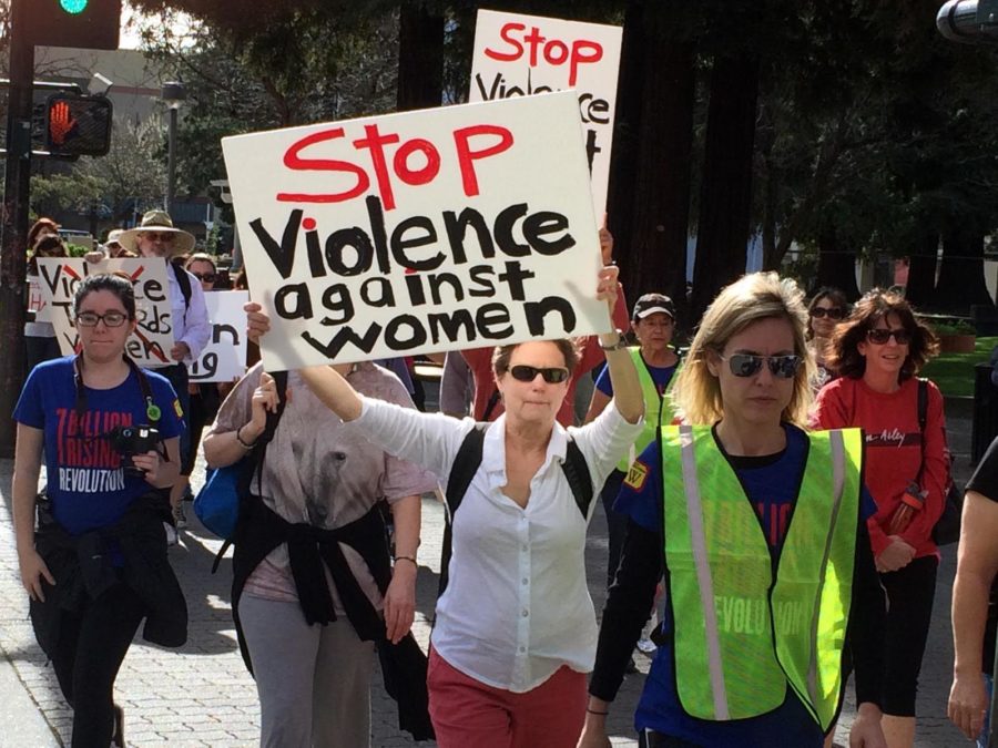 Santa Rosa community members gather downtown for a One Billion Rising walk for justice to the SRJC campus.