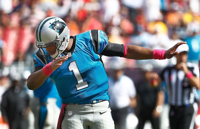 Panthers quarterback Cam Newton dabbing. Many people are criticized Cam for his celebration antics in the 2015-16 season.  