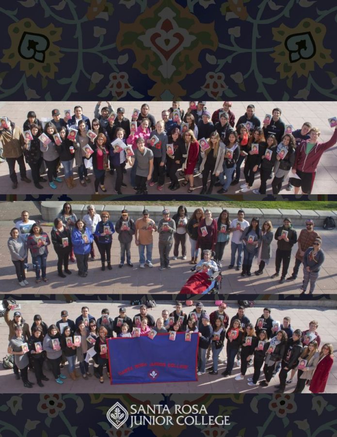 SRJC students pose with “I am Malala” for the cover of their book, “Letters to Malala.”
