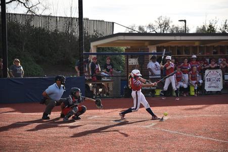 Santa Rosa Junior College third baseman Cheyenne Cooper makes contact with the delivered pitch in a game versus Gavilan College Feb. 16 at Marv Mays Field. SRJC won the game 4-2, to improve to an 8-3 record on the 2016 season.
