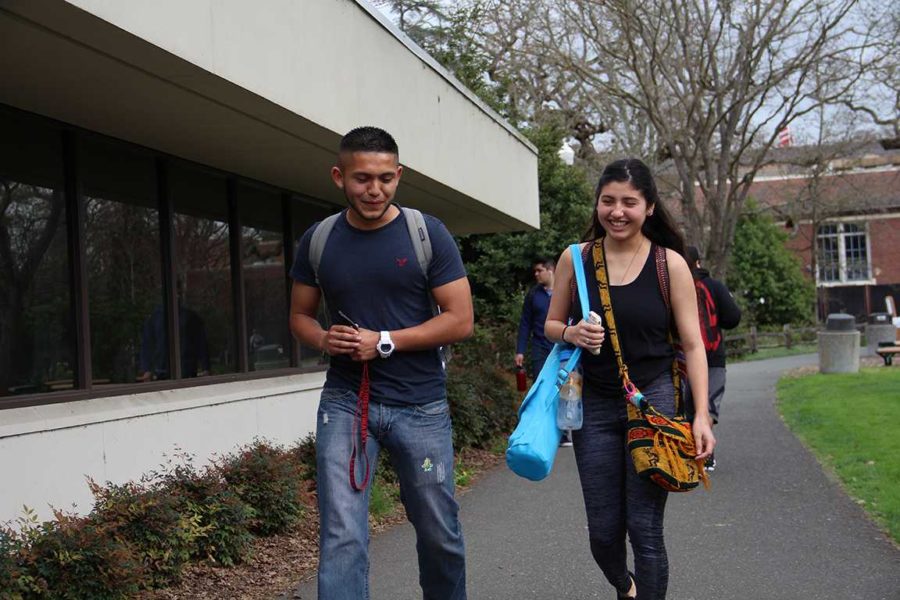 Walking after class with a perspective date may  spark interest. SRJC students Segio Bodilla  and Alonda Diaz de Leon.