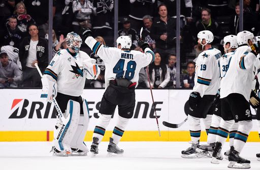 Courtesy of FoxSports.com
Left winger Tomas Hertl celebrates with goaltender Martin Jones after the San Jose Sharks defeated the Los Angeles Kings 6-3 in the opening playoff series. It was the first time the Sharks defeated the Kings in the playoffs since 2011. Hertl finished the series with two points on an assist and a goal. The Sharks faceoff against the winner of the Anaheim Ducks and Nashville Predators series in the second round of the playoffs.