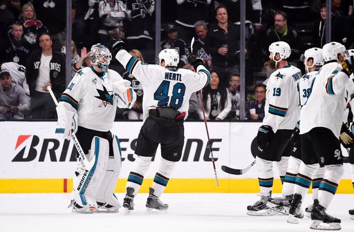 Courtesy of FoxSports.com
Left winger Tomas Hertl celebrates with goaltender Martin Jones after the San Jose Sharks defeated the Los Angeles Kings 6-3 in the opening playoff series.  It was the first time the Sharks defeated the Kings in the playoffs since 2011. Hertl finished the series with two points on an assist and a goal. The Sharks faceoff against the winner of the Anaheim Ducks and Nashville Predators series in the second round of the playoffs.