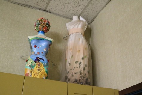 Mannequins in SRJC fashion department classroom shows off the artwork of students both past and present. 