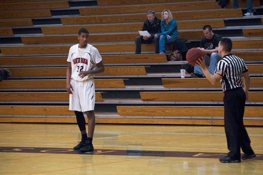 SRJC’s Siaan Rojas waits out of bounds with the referee to resume play with an inbounds
pass in front of the home fans.