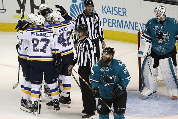 Jori Lehtera, #12 of the St. Louis Blues, celebrates with teammates after his goal against the San Jose Sharks in game four of the Western Conference Finals during the 2016 NHL Stanley Cup Playoffs at SAP Center on May 21 in San Jose, California.