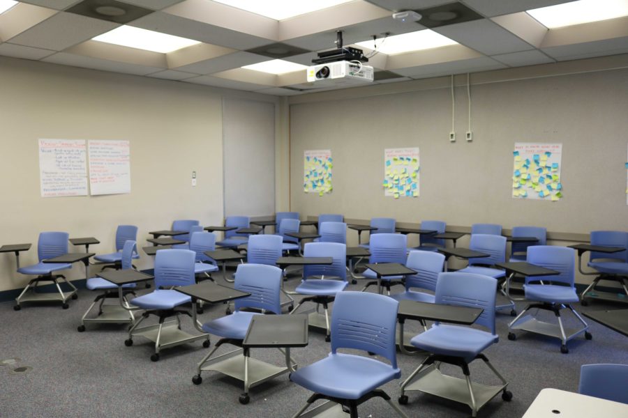 New classroom seating arrangements emphasizes flexibility. Desks and chairs on wheels can be configured for group or individual use. 