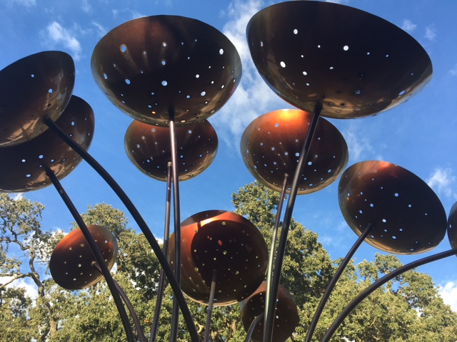 Sculptors Christy Lucas and Greer Upton won a design competition to place their work, “Umbrella Tree,” in the play yard at SRJC’s Call Child Development Center.  It’s painted with dichroic paint, which shimmers and shifts colors in natural light.  