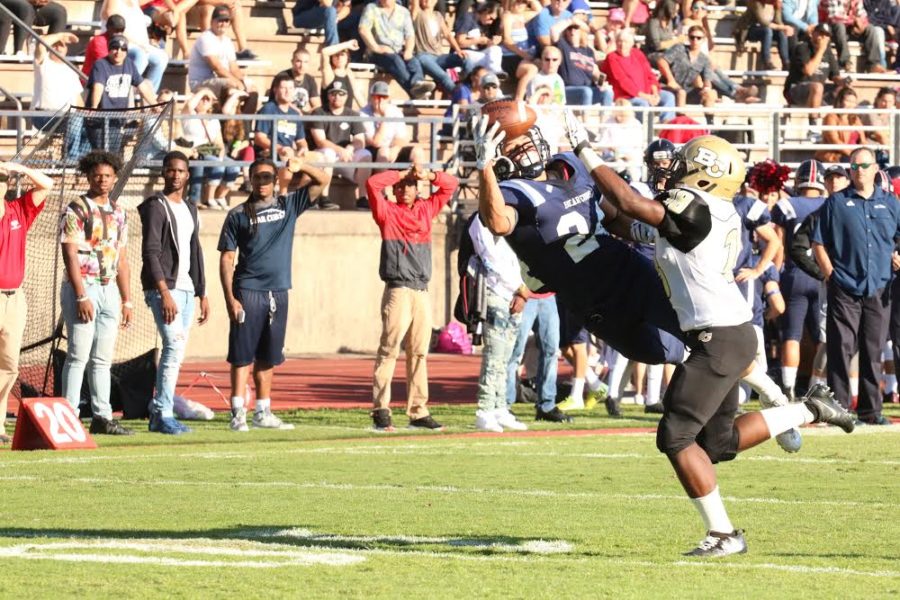 Bear Cubs' wide receiver Albert Beltran makes a tough one-handed, 28-yard reception at Butte's 4-yard line in SRJC's 17-7 victory over Butte College Sept. 3 at Bailey Field.