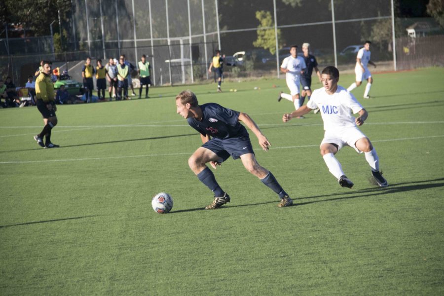 Santa Rosa Junior College forward Samuel Richter defends the ball from a Modesto Junior College player in SRJCs 3-2 win Oct. 4 at Cook Sypher Field