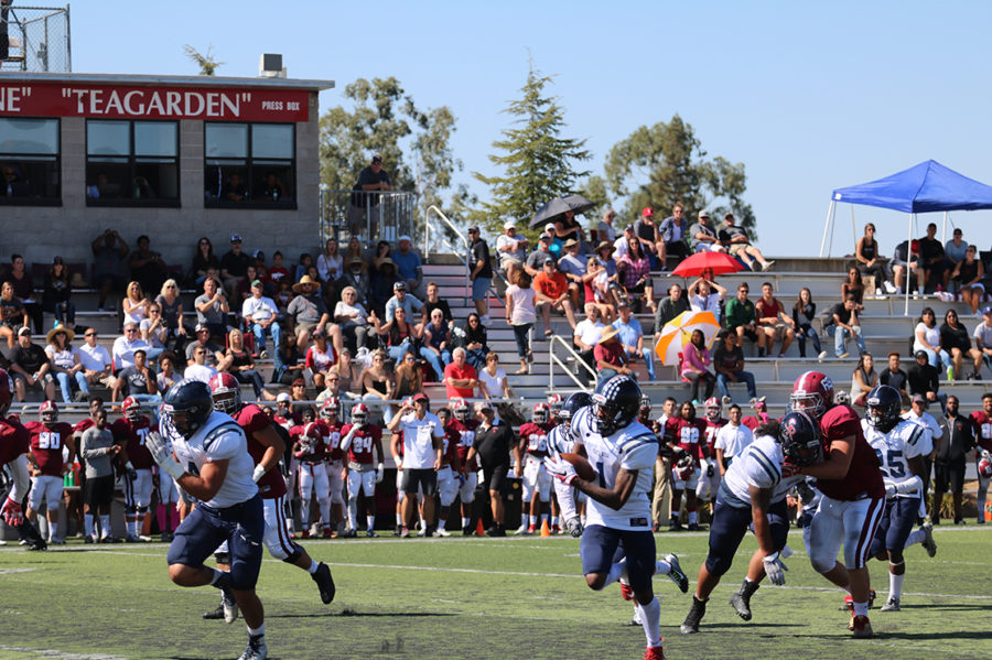 SRJC+defensive+back+Keith+Benjamin+intercepts+a+pass+and+returns+it+47+yards+for+a+touchdown+on+Oct.+1.