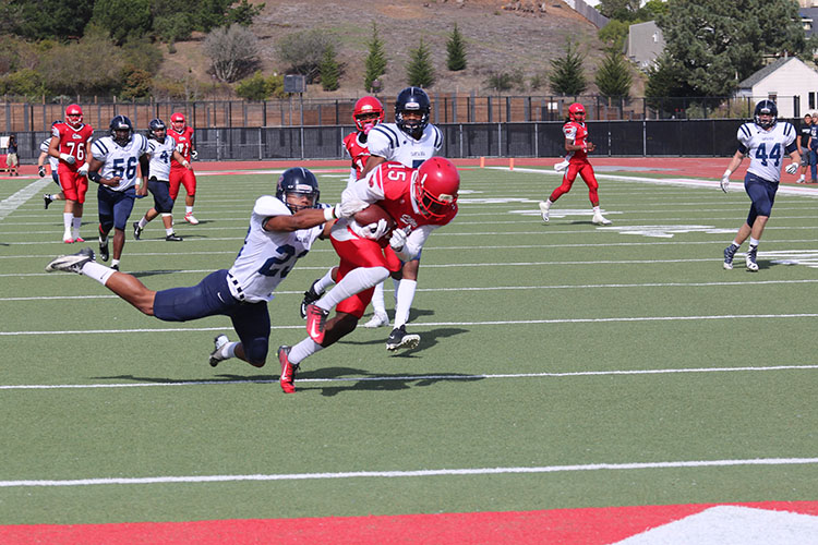 Defensive back Justin Tauaefa makes a tackle to save a touchdown in SRJCs 34-21 loss to San Francisco City College on Oct. 22.