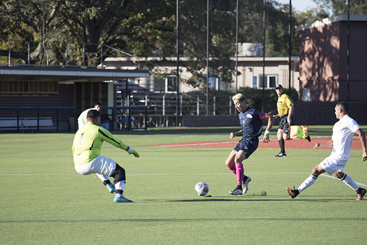 Bear Cubs sophomore forward Chris Ochoa pushes the ball past a defender and fakes out the opponents goalie to score SRJC's first goal.