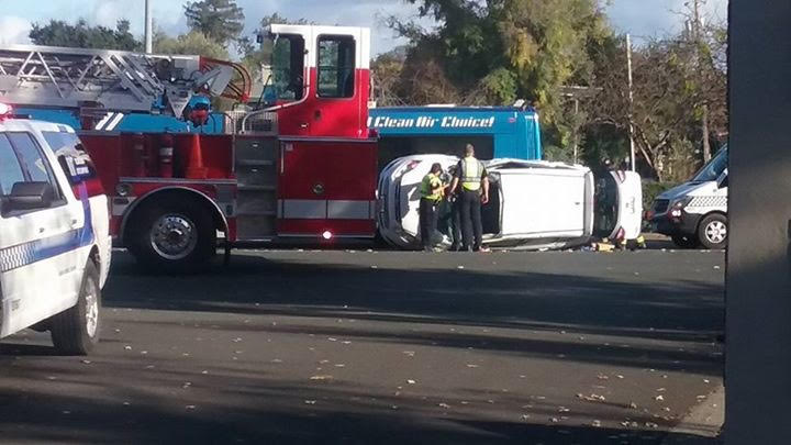 The accident caused the car to flip on its side in the middle of Mendocino Avenue next to SRJC.