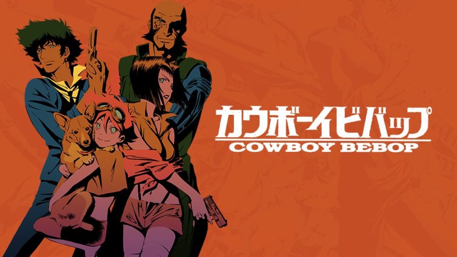 Cowboy Bebop's cast from left to right: Spike, Ein, Edward, Faye and Jet Black