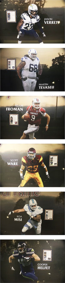 SRJC's Wall of Fame sits outside the football coaches office to celebrate former SRJC football players who have achieved success at the highest level. This is a photo of the wall.