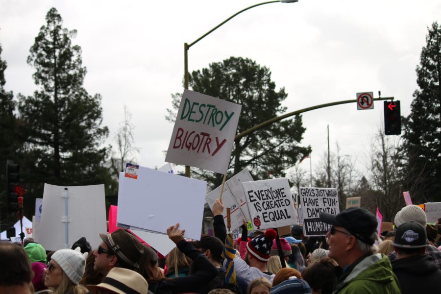 Activists hold signs displaying positive messages at the Womens March in Santa Rosa, Jan. 21st.