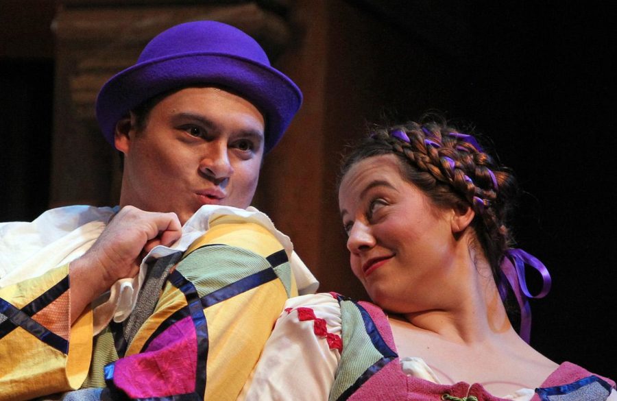 Truffaldino (Ryan Saylor) and fellow servant Smeraldina (Chealsea Beyries) playfully flirt with saucy banter in "The servant of two masters." 