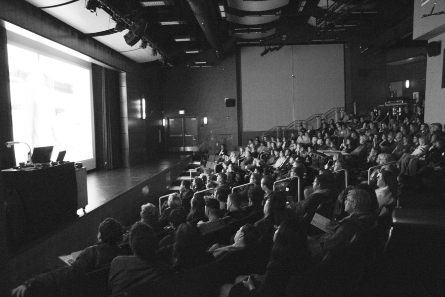 Audience attentively watches the selection of shorts, some submitted by SRJC students, on the Petaluma campus April 7. 