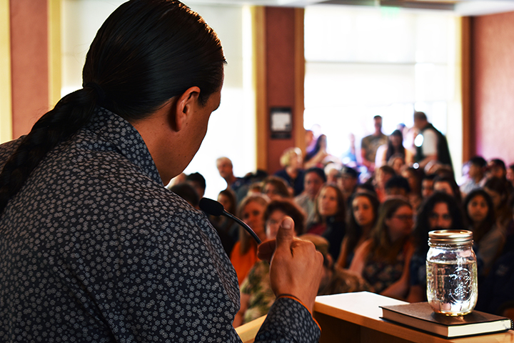 Sioux+Tribal+member+and+Standing+Rock+activist+Chase+Iron+Eyes+speaks+to+a+packed+crowd+in+the+Lawrence+A.+Bertolini+Center+at+Santa+Rosa+Junior+College+April+3.+The+event+gave+students+insight+into+one+of+the+most+controversial+protests+in+the+U.S.