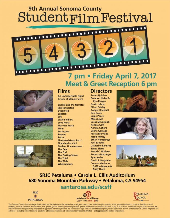 Come watch a variety of short films created by aspiring film students from Sonoma County.