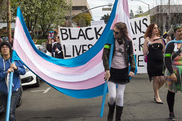 Hundreds of people take to the Santa Rosa streets March 18 demanding increased rights for the transgender community after Preisdent Donald Trump rolled back federal guidelines concerning bathroom usage.  