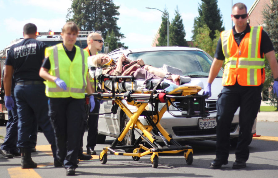 After an accident on Mendocino avenue, a woman is stabilized and taken to Memorial Hospital. Officers stayed at the scene to investigate the incident.