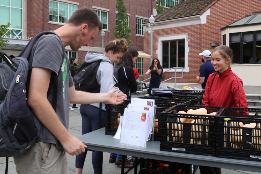 Santa Rosa Junior College students lined up to get free food in the quad dispersed by the new food pantry as part of Welcome Week on Sept. 13 at the Santa Rosa campus.