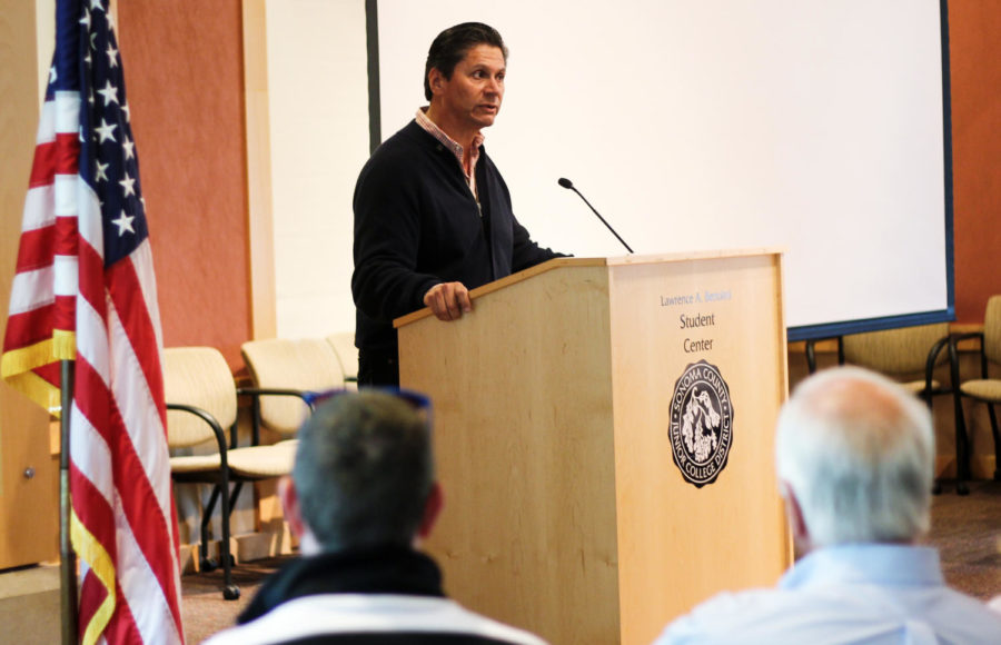 Chancellor Eloy Ortiz Oakley addresses SRJC students and staff during an informational meeting regarding the fires in Sonoma County. Ortiz Oakley affirmed the crowd that he will guarantee the safety of SRJC students, staff, and faculty.