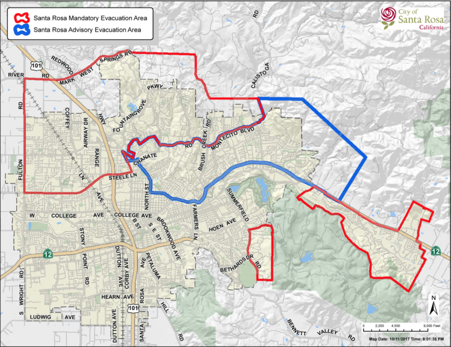 A map of the advised evacuation zone in Santa Rosa.