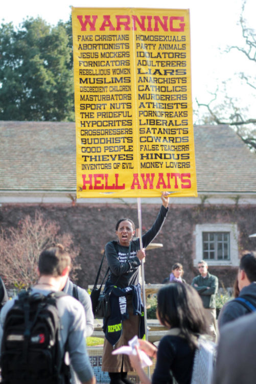 Cry to God, a group focused on informing colleges about the wrath of God, performed a demonstration in Bertollini quad on the Santa Rosa Junior College campus. Of the four demonstrators, two consistently targeted individual students to yell profanities at in an attempt to start a discussion.