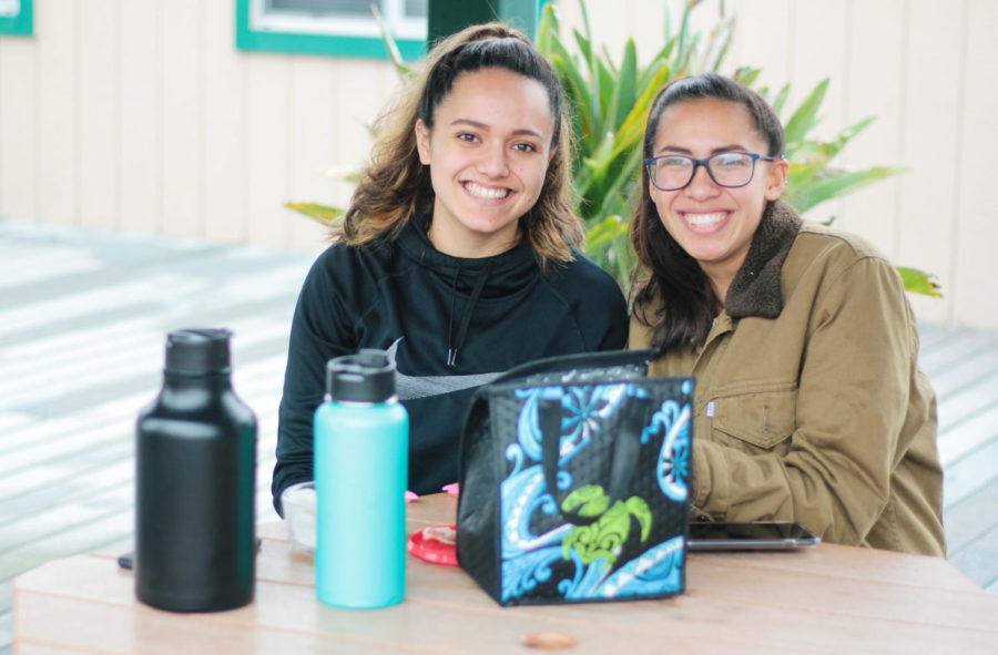 Enjoying their lunch outside, accounting major Oakalani Schnackenberg and business major Makanani Mersberg chat in Analy village for their first day back to school. "Something interesting happened in my accounting class today. This guy stood up and announced he had 111 thousand followers on Instagram," Schnackenberg said. Spring 2018 is Schnackenberg's first semester and Mersberg second semester.