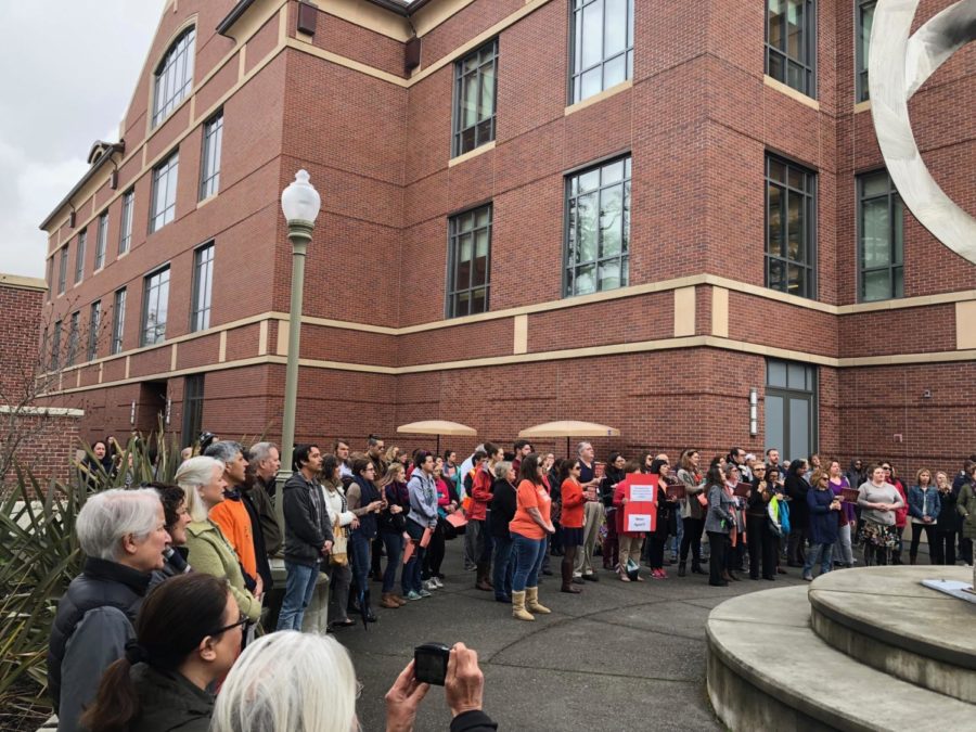 Students, staff and faculty members gather in solidarity at the Santa Rosa campus on March 14 to protest gun violence.